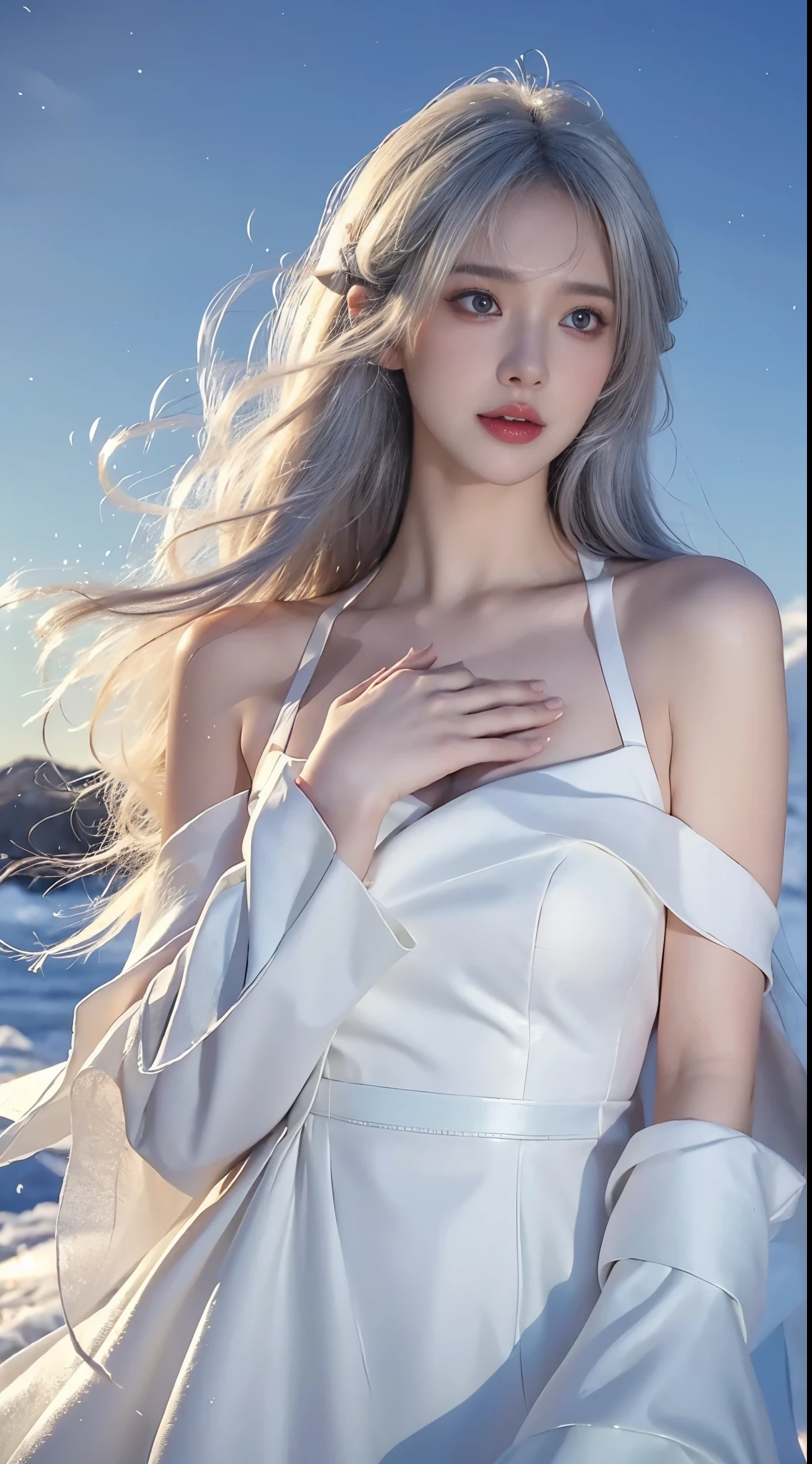 1gir,emilia,emiria,silver hair,dress,thighhighs, ((cowboy shot)), ((Bare shoulder)), ((Short hemlines, sexy long legs)), realistic detailed photo of a giant breasted girl with exposed shoulders, detailed fingers, high quality skin, red eyes, alone in a winter scene with clouds, wind, and flowing hair, (best quality,4k,8k,highres,masterpiece:1.2),ultra-detailed,(realistic,photorealistic,photo-realistic:1.37),studio lighting,vivid colors