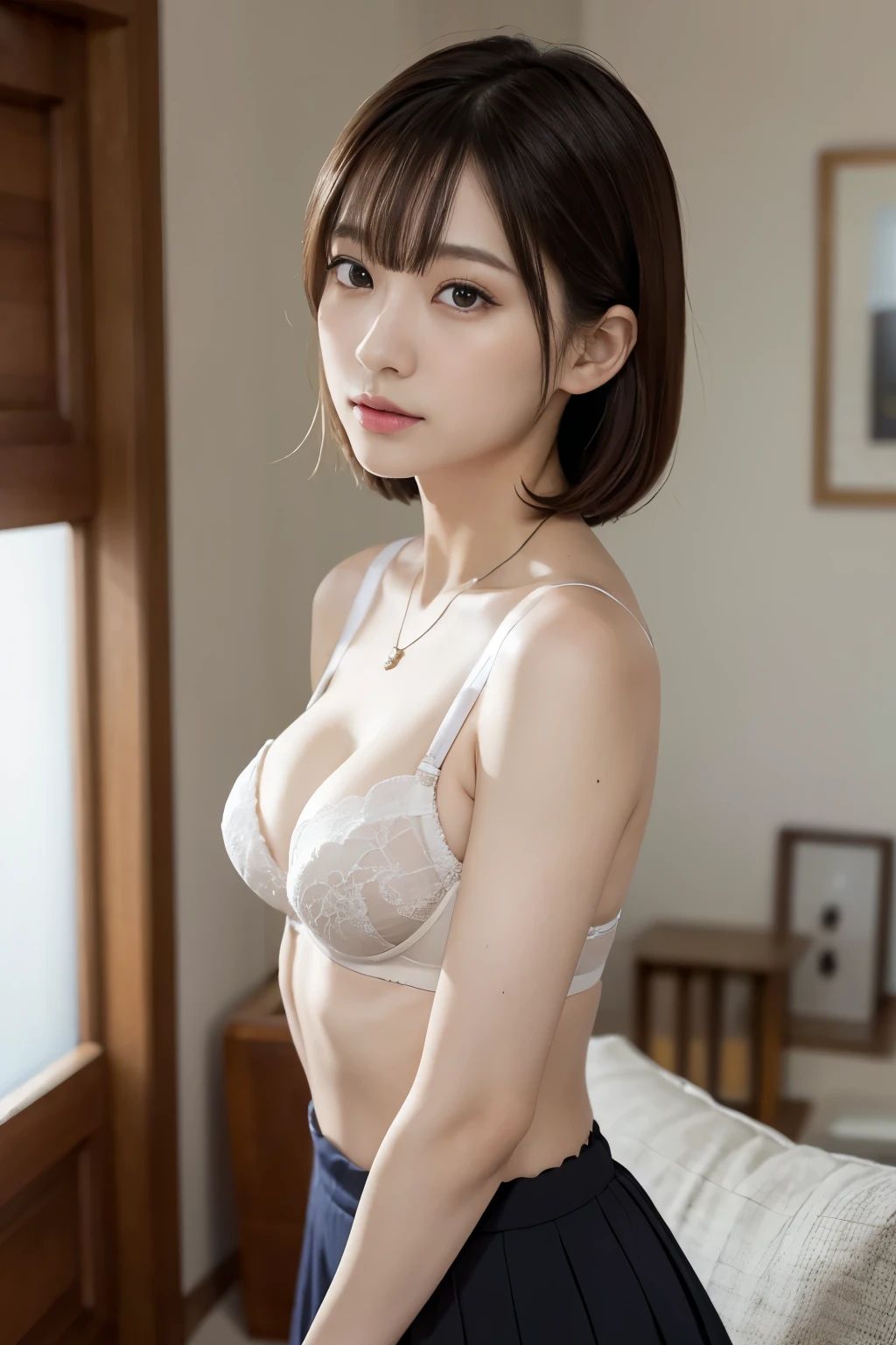neckless,ring,((small breast)),realistic,(ultra quality:1.2),japanese,high quality,masterpiece,(ultra detailed:1.4),japanese lady,beautiful eye,beautiful face,(realistic bra:1.4),((living room)),(slender:1.3),highres,make up,(skirt),real background,dark color