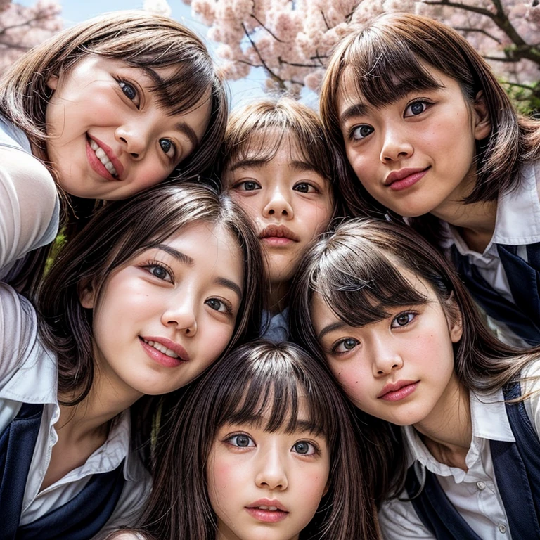 Best_Quality, HDR, masterpiece, Hi-Res, (Acutance:0.85), (realistic and photorealistic with touch of rawness:1.37), (group photo:1.6), ((3SchoolGirls Surrounding the camera in Upward composition)), Panoramic, (NOGIZAKA face variations:1.4), { Looking down at the camera | (Kissing face to face) }, (((close:1.2, Face closeup from below:1.4))), (((Sky background)) with CherryBlossoms) . BREAK  Extremely Detailed KAWAII face variations, captivating gaze, elaborate detailed Eyes with (sparkling highlights:1.32), long eyelashes、Glossy RED Lips with beautiful details, Coquettish tongue, Rosy cheeks, Glistening ivory skin . { (Dynamic joyful expressions) | (:d) | (Kissing) }, ((Childish)), SchoolUniform, { Different types of hair colors | Bangs | Hime cut  | OKAPPA } 