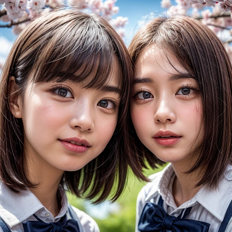 Best_Quality, HDR, masterpiece, Hi-Res, (Acutance:0.85), (realistic and photorealistic with touch of rawness:1.37), (group photo:1.6), ((3SchoolGirls Surrounding the camera in Upward composition)), Panoramic, (NOGIZAKA face variations:1.4), { Looking down at the camera | (Kissing face to face) }, (((close:1.2, Face closeup from below:1.4))), (((Sky background)) with CherryBlossoms) . BREAK  Extremely Detailed KAWAII face variations, captivating gaze, elaborate detailed Eyes with (sparkling highlights:1.32), long eyelashes、Glossy RED Lips with beautiful details, Coquettish tongue, Rosy cheeks, Glistening ivory skin . { (Dynamic joyful expressions) | (:d) | (Kissing) }, ((Childish)), SchoolUniform, { Different types of hair colors | Bangs | Hime cut  | OKAPPA } 