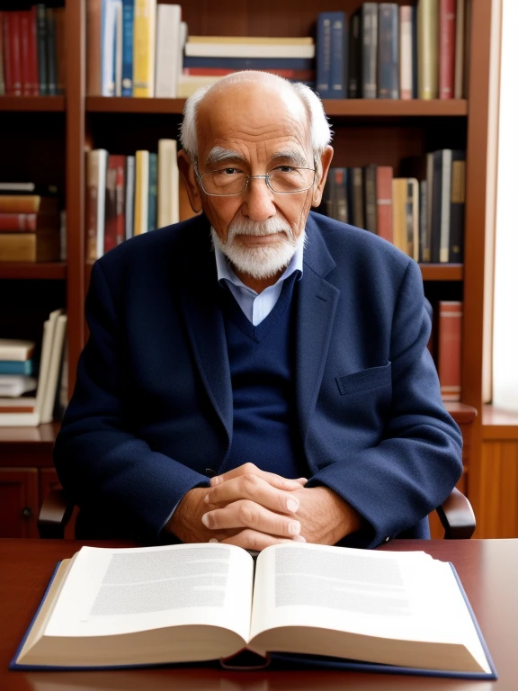 An old man is sitting in front of a desk with a few books on it and a few shelves full of books behind him, vieille photo