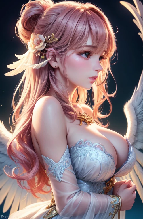 1 girl, angelic, feathered wings, warm glowing light, pink wavy hair, gentle smile, sleeping, half-foreign features, profile view, fluffy dress, blushing, bright, flowers, sun, soft sunlight, (best quality,4k,8k,highres,masterpiece:1.2),ultra-detailed,(realistic,photorealistic,photo-realistic:1.37),detailed eyes, detailed lips, extremely detailed face, long eyelashes, dreamlike, ethereal, serene, tranquil, pastel colors, natural lighting