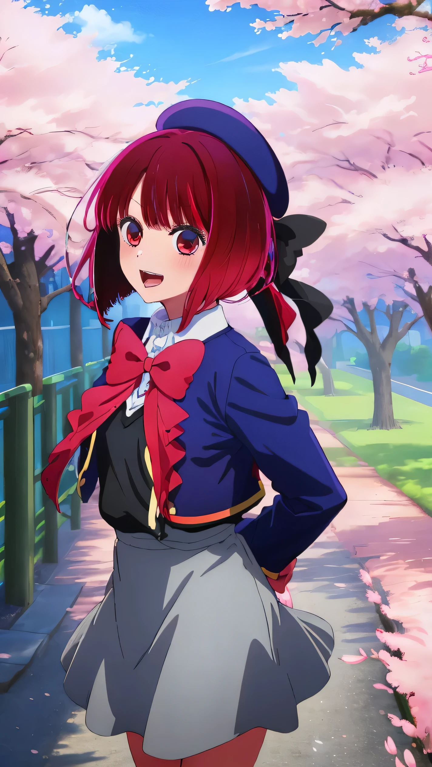 masterpiece, best quality, highres, looking at viewer, aakana, aakana, short hair, beret, red eyes, blue headwear, red bowtie, collared shirt, blue jacket, open jacket, long sleeves, grey skirt, smile, open mouth, standing, leaning forward, arms behind back, outdoors, cherry blossoms,