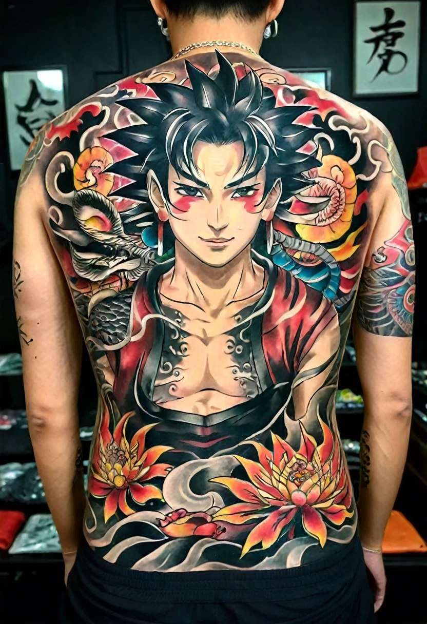 Back Tattoo, Yakuza tattoo, intricate details, HDR, beautifully shot, hyperrealistic, sharp focus, megapixels, perfect composition, high contrast, cinematic, atmospheric, moody 8k resolution concept art intricately detailed deep color shin hanga, Japanese tattoo photorealistic
