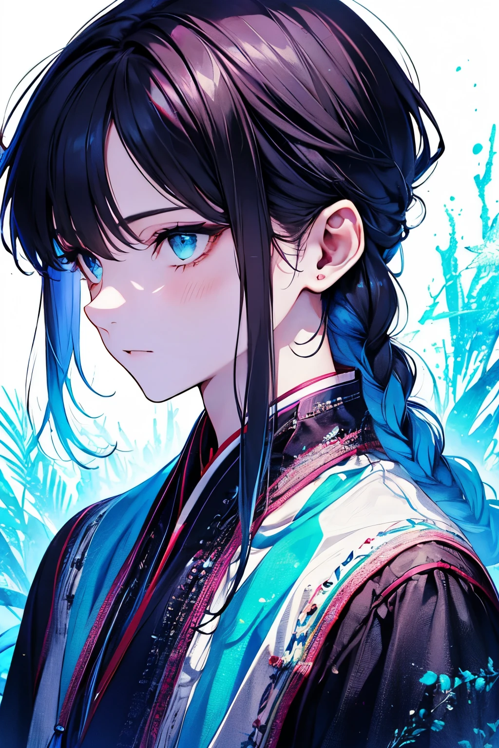 ((ars old man:1.2)),tazune rirei, masterpiece, best quality, braid hair, black hair, face close-up, (portrait), shiny aqua eyes, white hanfu dress, (Rainbow Sky), garden, bokeh, outdoors, embarrassed, looking side,(close mouth), perfect hands