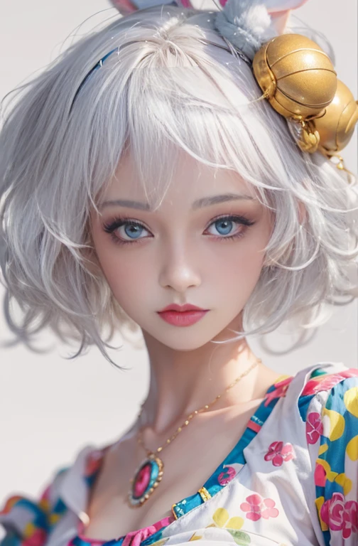 28 years old, Close-up portrait of a woman in a colorful clown costume、Shoulders out、thin、Serious expression、Short-haired、Deadly position, Gorgeous Necklace, Light milky porcelain skin, Smooth, Translucent white skin, Enchanting anime girl, Beautiful and seductive anime woman, Ultra realistic sweet bunny girl, Pale porcelain white skin, Smooth, Realistic and perfect body, Anime Girl Cosplay, Perfect body with realistic shadows, Switzerland'masterpiece