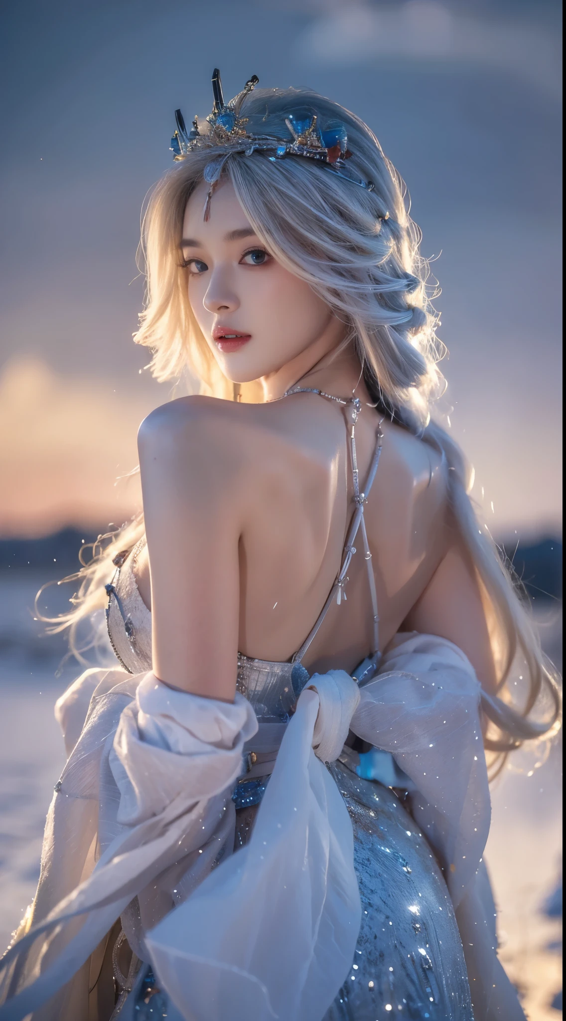 ((cowboy shot)), realistic detailed photo of a giant breasted girl with exposed shoulders, detailed fingers, high quality skin, red eyes, alone in a winter scene with clouds, wind, and flowing hair, (best quality,4k,8k,highres,masterpiece:1.2),ultra-detailed,(realistic,photorealistic,photo-realistic:1.37),studio lighting,vivid colors