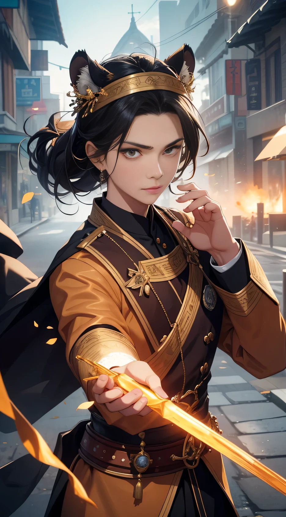 General Liangshan Wuhu,Handsome male,Double whip whip scorched,Exquisite facial features,Three-dimensional facial features,Perfect face,Wearing a tall iron head,Wearing a golden Luo Jin headscarf,Wearing a seven-star nail soap robe,Wear expensive precision forged black oil pair inlaid armor,Ride a royal horse and kick a snow-black horse,Hold two watermilled eight-sided steel whips,The left hand weighs twelve pounds,The right hand weighs thirteen pounds,majestic-looking,Invincible,Top Photography Masters Award-Winning Works,Light particles surround,tmasterpiece,A high resolution,luxury goods,detail-rich,Petal granules,(Holding male and female tiger eye whips),He is good at the Huyan family transmission method 36 Land Rover whip method,Shining with God's eyes,Artwork quality