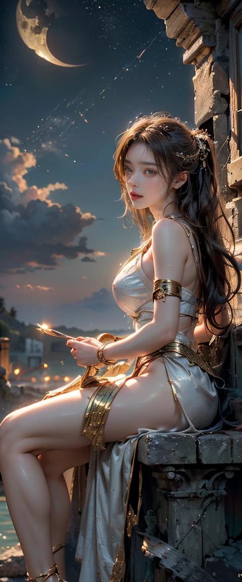((masterpiece, highest quality, Best image quality, High resolution, Realistic, RAW Photos, 8k)), ((Highly detailed CG synthesis 8k wallpaper)), floating, Profile of a woman sitting on a giant crescent moon in the night sky, Ancient Greek Clothing