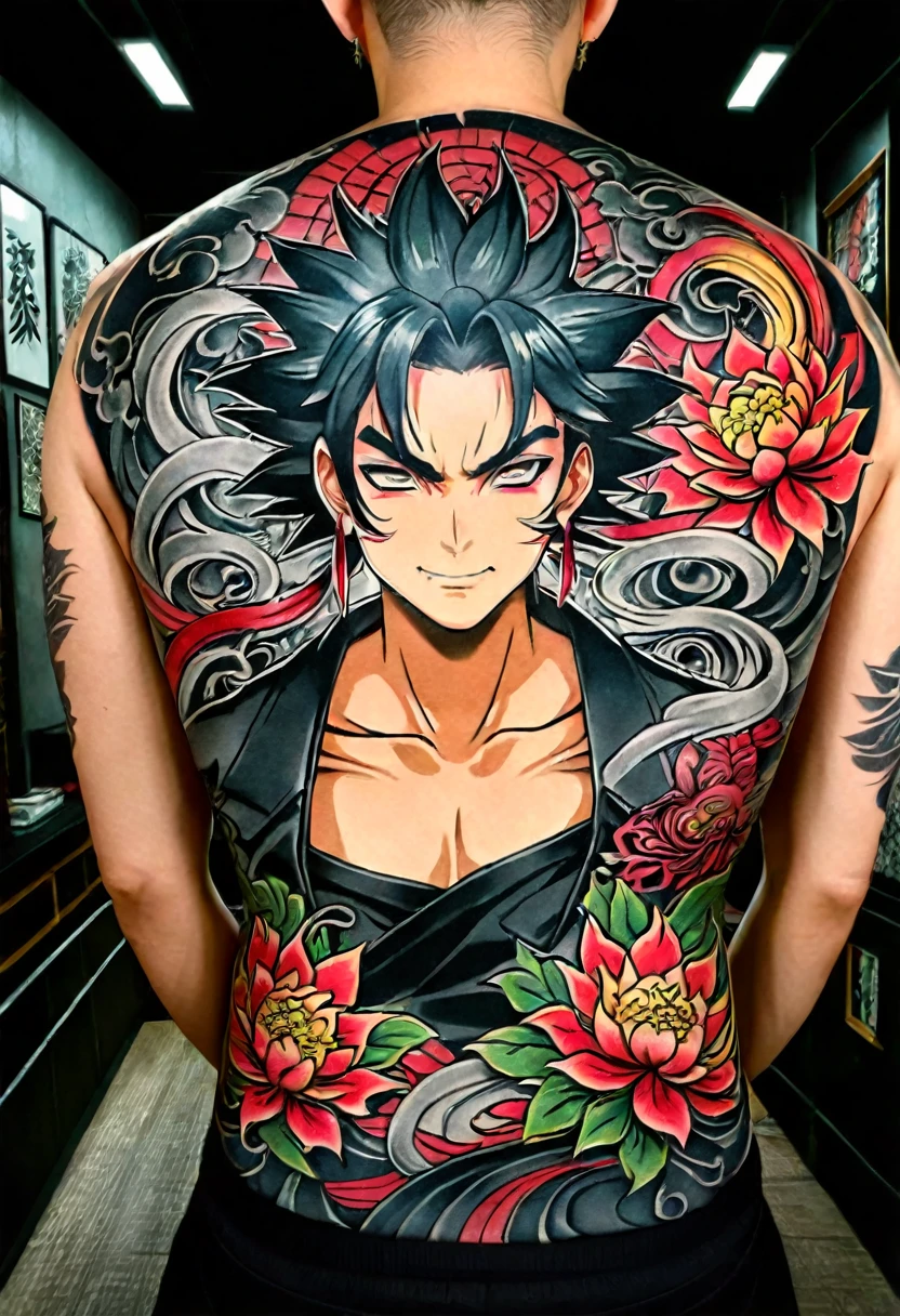 Back Tattoo, Yakuza tattoo, intricate details, HDR, beautifully shot, hyperrealistic, sharp focus,  megapixels, perfect composition, high contrast, cinematic, atmospheric, moody 8k resolution concept art intricately detailed deep color shin hanga, Japanese tattoo photorealistic