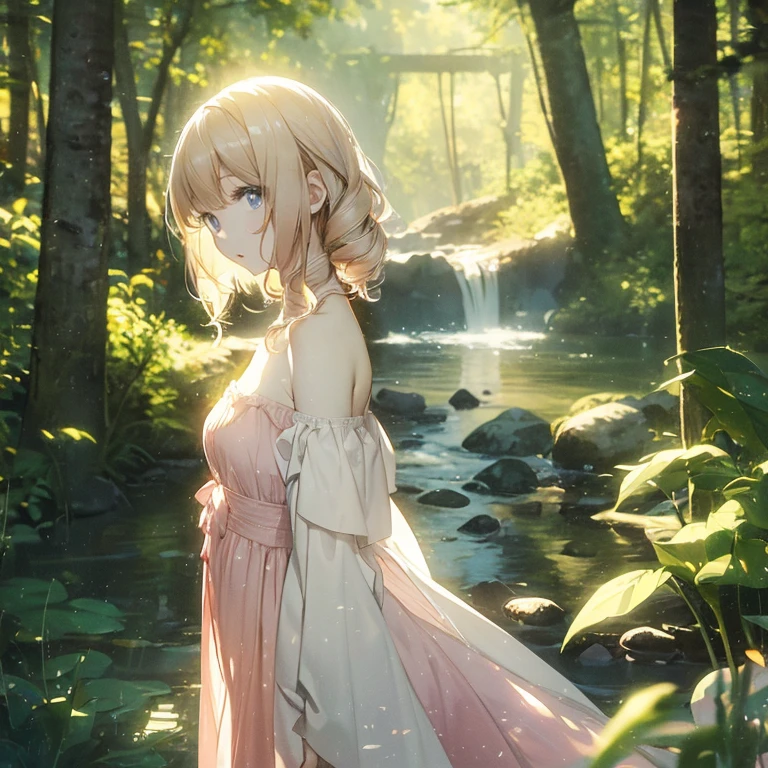 (8k), (masterpiece), (best quality), (super details), (award winning), (game illustration), lens flare, glowing light, woman in a pink dress standing in the woods with waterfall, modeling shoot, beautiful girl, (beautiful face:0.8), slender blonde girl, pale skin curly blond hair, (off shoulder), (small breast)