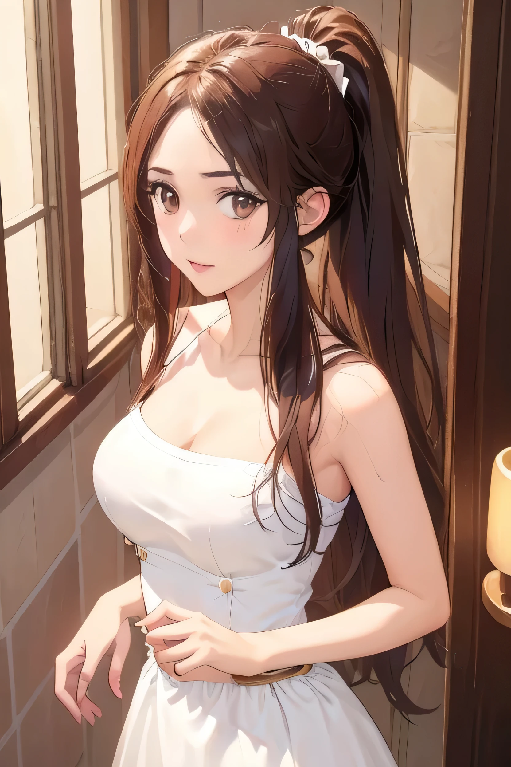 One girl, Long light brown hair, Brown eyes, White dress,Large Breasts , Absurd, High resolution, Super sharp, 8k, masterpiece, View Viewer, whole body , ponytail