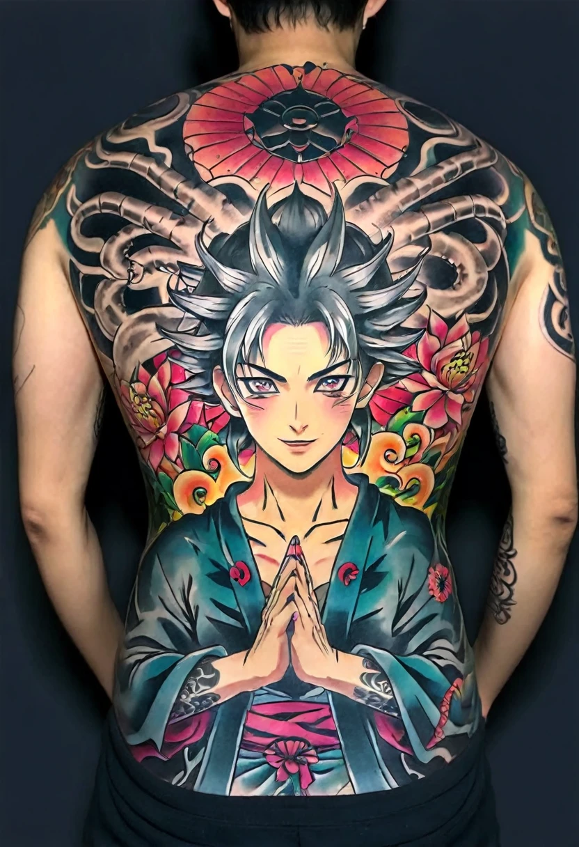 Back Tattoo, Yakuza tattoo, intricate details, HDR, beautifully shot, hyperrealistic, sharp focus,  megapixels, perfect composition, high contrast, cinematic, atmospheric, moody 8k resolution concept art intricately detailed deep color shin hanga, Japanese tattoo photorealistic