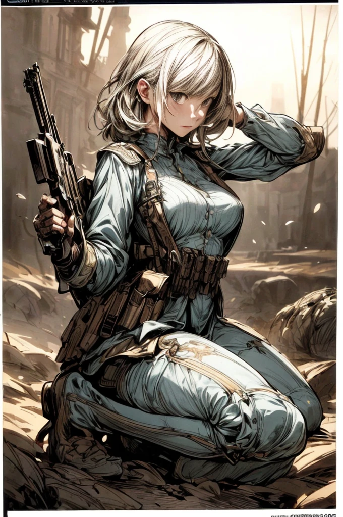 (harddisk, sharp, Fractal),(8k resolution), Action poses、ww1ger、(Comic Style),(Lola:Poor image:1.0),(Lola:Add more details:1.2 ),、Detailed and complex、Intricate details、Highly complex and detailed、Lots of details、((looking at the audience))、 a delicate face, 1 Girl_solo, army、Mechanical weapons、Battlefield Background