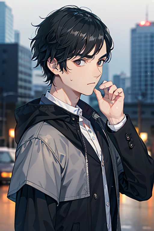 There's a young man., with black hair, Staring sideways., with the gloomy weather, Masterpiece, best quality, realistic, 1 man, focus man, handsome, [Thick eyebrows], Portrait, Very detailed face, black hair, (short hair)