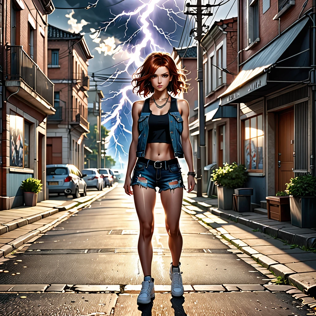 ((medium chest, long hair, small head)), daylight, sunlight, (well-defined abs: 1.1), (perfect body: 1.1), (short wavy hair: 1.2), russet hair, collar, chain, full body photo, shabby street, wearing a black tank top, denim jacket, ((shorts)), (extremely detailed CG 8k wallpaper), (extremely delicate and beautiful), (masterpiece), (Best Quality: 1.0), (Ultra Resolution: 1.0), Beautiful Lighting, Perfect Lightning, Realistic Shadows, [High Resolution], Detailed Skins, Ultra Detailed