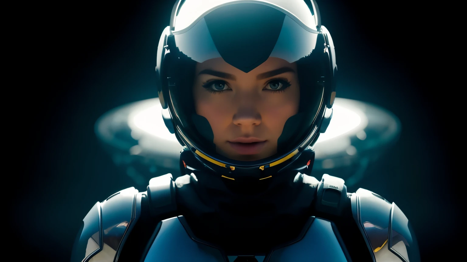 sci-fi fantasy, Beautiful princess in spacesuit and her face covered by a visor, on an alien planet, background distant shot of a large spaceship on a solid black background