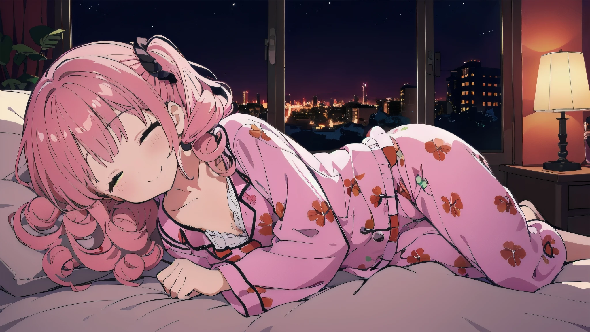 Very detailed, Detailed Background,　(highest quality, masterpiece, High resolution), One girl,　Demure,　(Curly Hair:1.4), Twin tails, smile,　 Mid-chest, Pink Hair,  Upper Body, pajamas,　long hair、　(night:1.4),　Dimly lit room, 　Co-sleeping style