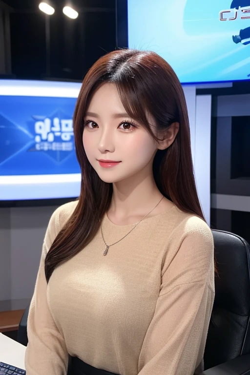 masterpiece, best quality, extremely detailed, beautiful korean woman, hyperrealistic, photorealistic, a pretty announcer, a detailed studio, during the news program, sitting, ultra detailed face
