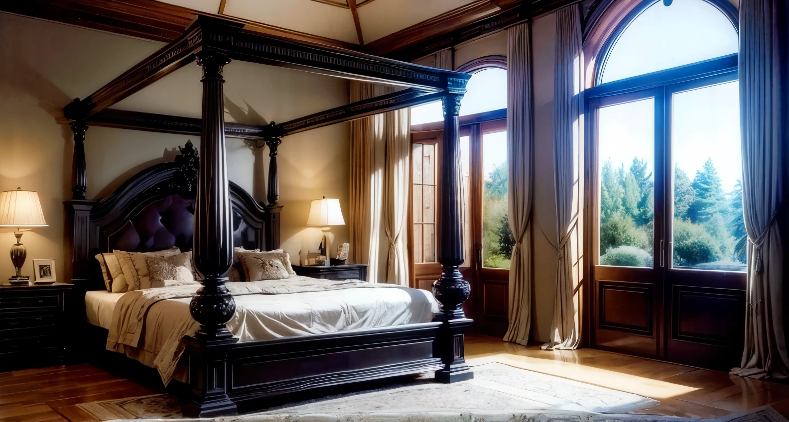 Masterpiece, ultra high quality, award winning, madieval bedroom, stone and wood, luxurious , pillars, gothic, neo gothic, luxurious, , orange glass windows, warm lighting ,black stone, black gothic, warm lighting, dark, vampire vibes, interior, black color palette, big bed, big window, cozy, expensive furniture, luxurious, bed with curtains, canopy bed, canopy bed frame
