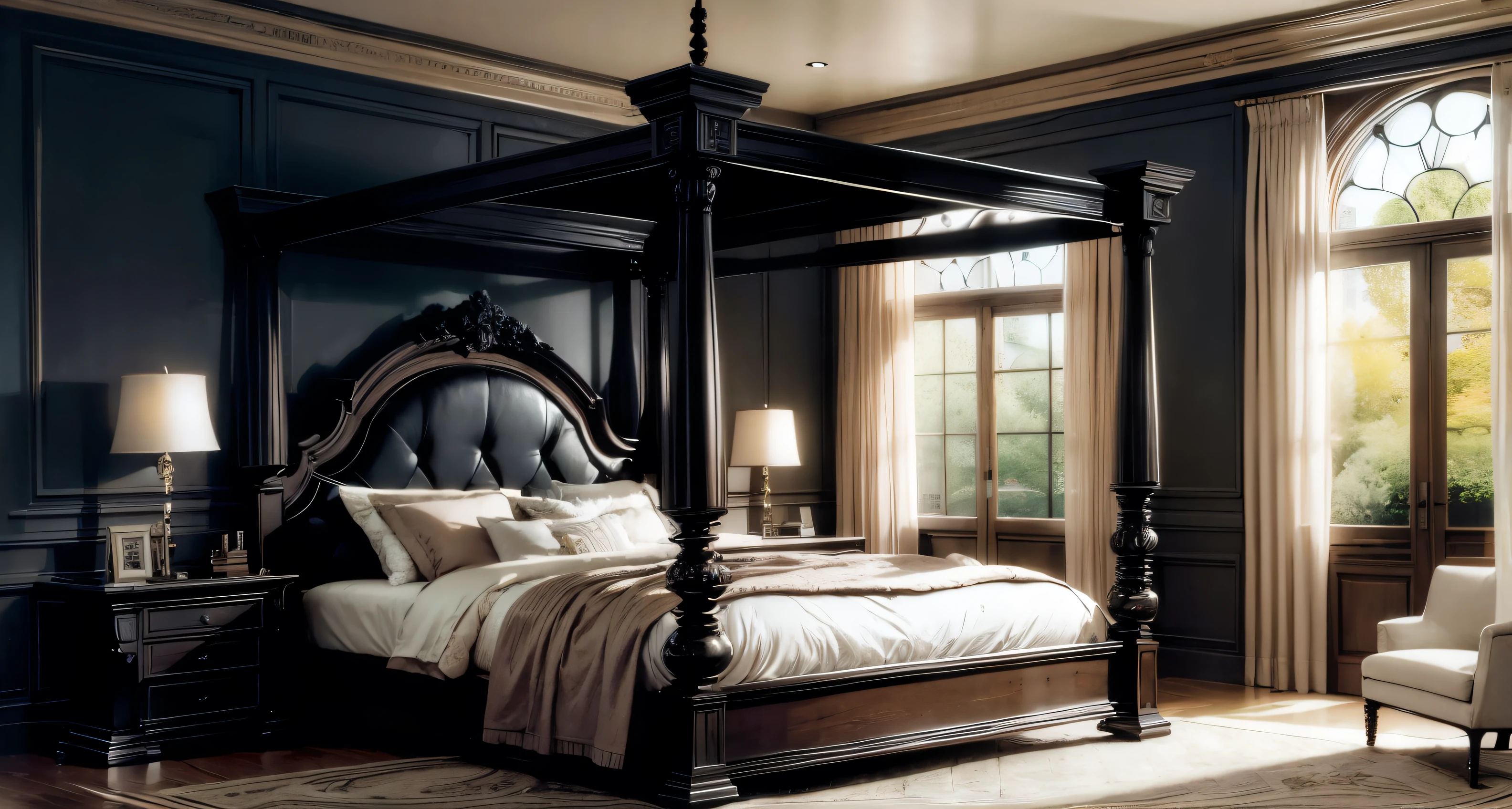 Masterpiece, ultra high quality, award winning, madieval bedroom, stone and wood, luxurious , pillars, gothic, neo gothic, luxurious, , orange glass windows, warm lighting ,black stone, black gothic, warm lighting, dark, vampire vibes, interior, black color palette, big bed, big window, cozy, expensive furniture, luxurious, bed with curtains, canopy bed, canopy bed frame