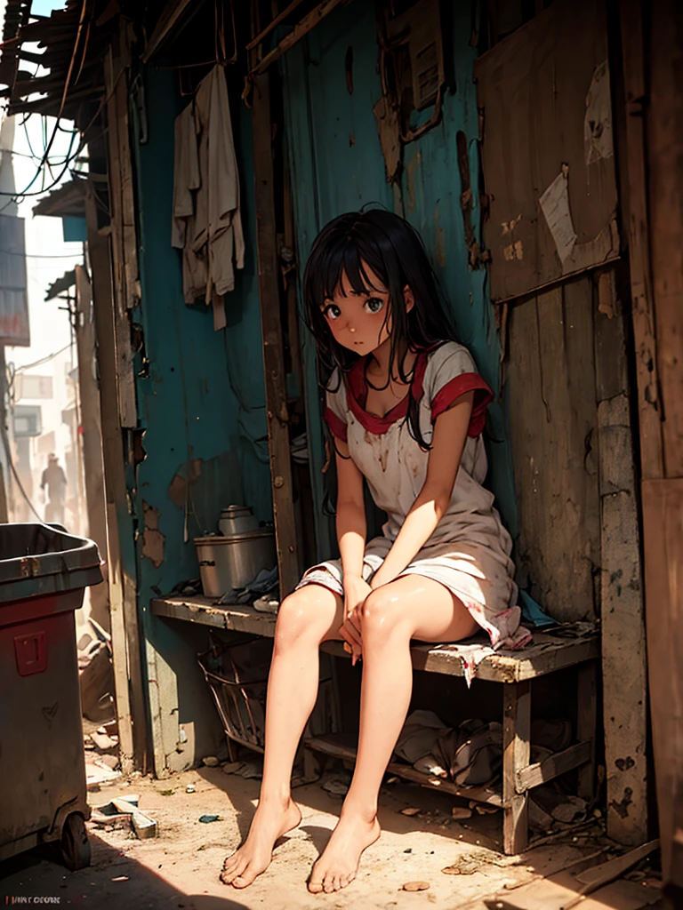 (Masterpiece, Best Picture, High Resolution), An orphaned girl from a slum sits in a dark, dingy alleyway, looking at us with a hopeless look in her eyes. Her clothes are tattered and dirty, she is emaciated and appears malnourished. She looks up at passersby with pleading eyes and says, “Give me food, anything. 'Give me some food and I'll do anything for you.' ((She offers to prostitute herself)), Her demeanor is submissive, reflecting her dire situation and despair. The background depicts the desolate and dirty environment of the slum, with dilapidated buildings and garbage strewn about. The overall bleak atmosphere underscores the harsh reality of her life. nsfw ,(panties aside, Sitting)