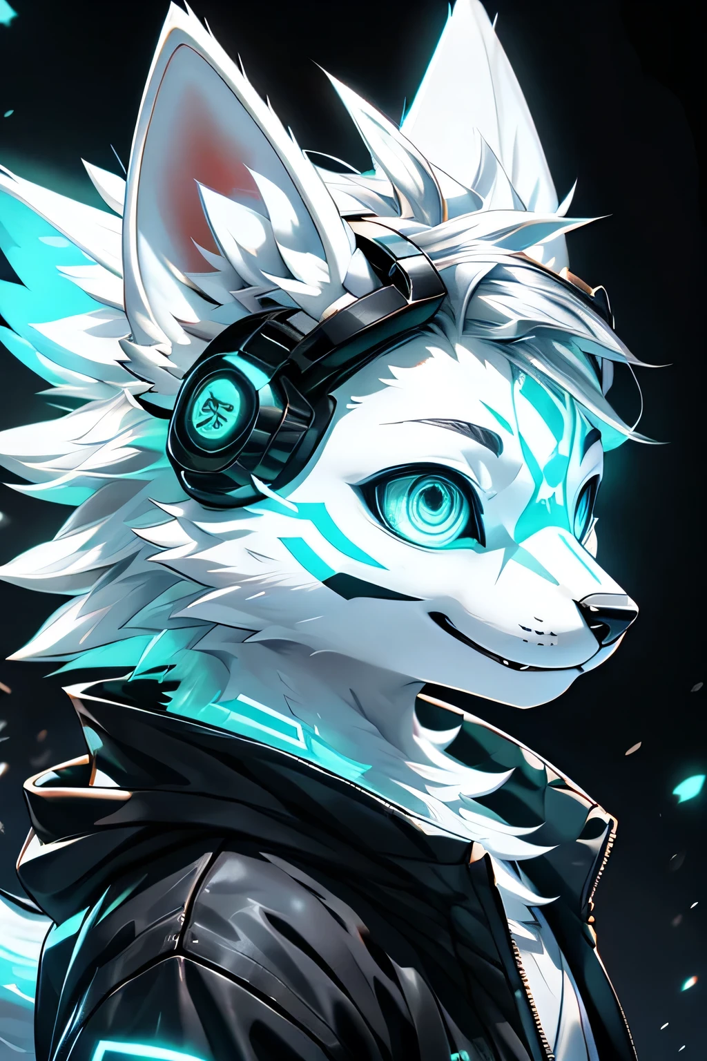 Young werewolf, White fur, Wearing a black jacket with neon details, Wearing a mechanical mask, With gaming headset, Profile picture, Face close-up high quality, The art of math, , HD 4K realism, ((clear structural details)), Meticulous and pragmatic, delicate eyes, (Turquoise blue pupils), ((Silvery-white glowing eyes)), evil smile, Smile, Slender, Soft, 4k, excellent quality, High Detail, Fine fur, ((The tail is in the right position) ，Light blue shirt。Two ears，Yellow hair，whole body，permanent
