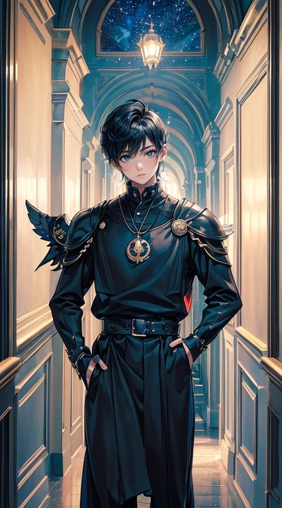 ((4K works))、​masterpiece、(top-quality)、One Beautiful Fallen Angel Boy、Slim body、tall、((Attractive British style))、(Detailed beautiful eyes)、((mid night))、In the English corridor、Castle inhabited by villains、Black shop window、Corridor at night、((You can see the starry sky from the window))、((dark sky))、((English corridors))、((Shot in a corridor in England))、mid night、((Short-haired black hair))、((Smaller face))、((Wild face))、((White eyes))、((American adult male))、((Adult male 26 years old))、((Cool Men))、((Like a celebrity))、((Smiling expression))、((Korean Makeup))、((elongated and sharp eyes))、((Happy dating))、((boyish))、((Upper body photography))、Professional Photos、((Shot alone))、((Shot from diagonally in front))、((Shot in close proximity to him))、((Focus zoom in))、((He is standing in the hallway))