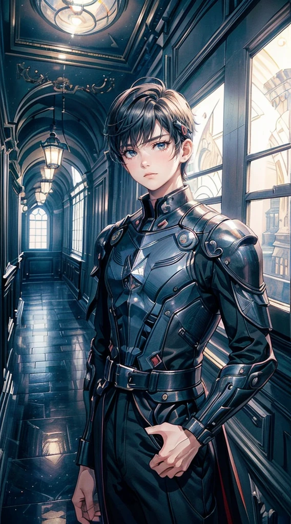 ((4K works))、masterpiece、(top-quality)、One Beautiful Fallen Angel Boy、Slim body、tall、((Attractive British style))、(Detailed beautiful eyes)、((mid night))、In the English corridor、Castle inhabited by villains、Black shop window、Corridor at night、((You can see the starry sky from the window))、((dark sky))、((English corridors))、((Shot in a corridor in England))、mid night、((Short-haired black hair))、((Smaller face))、((Wild face))、((White eyes))、((American adult male))、((Adult male 26 years old))、((Cool Men))、((Like a celebrity))、((Smiling expression))、((Korean Makeup))、((elongated and sharp eyes))、((Happy dating))、((boyish))、((Upper body photography))、Professional Photos、((Shot alone))、((Shot from diagonally in front))、((Shot in close proximity to him))、((Focus zoom in))、((He is standing in the hallway))