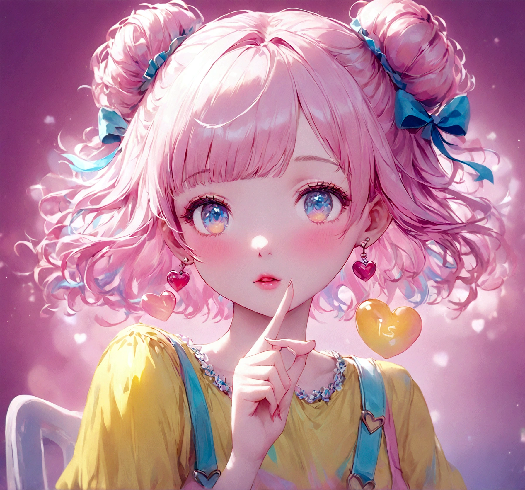 A woman with pink hair is sitting on a chair, obra de arte al estilo de Gweitz, Guweiz en Artstation Pixiv, Gweitz, Digital Art, I felt better.. Soft lighting, beautiful fantasy I felt better., beautiful I felt better. girl, I felt better. art wallpaper 8 k, Adorable melancholic fairy background vivid pink, pastel, One girl, Pink Hair, Bun Hair, ribbon, Yellow T-shirt, Put your hands on your face, Pale depiction, pastel, Delicate art drawn with colored pencils、pastelピンクが主体のブルーの影の髪をツインテールにまとめ、ribbonで飾った若い女の子の詳細なアニメスタイルイラスト。She has big, expressive blue eyes、With a thoughtful look、(((Putting a finger to your lips)))。(((The background is solid pink with a heart shape.)))。She's bright(((Yellow Shirt)))I am wearing、She wears cute accessories such as earrings.。The overall art style is vibrant and colorful、Emphasis on a dreamy and cute aesthetic。