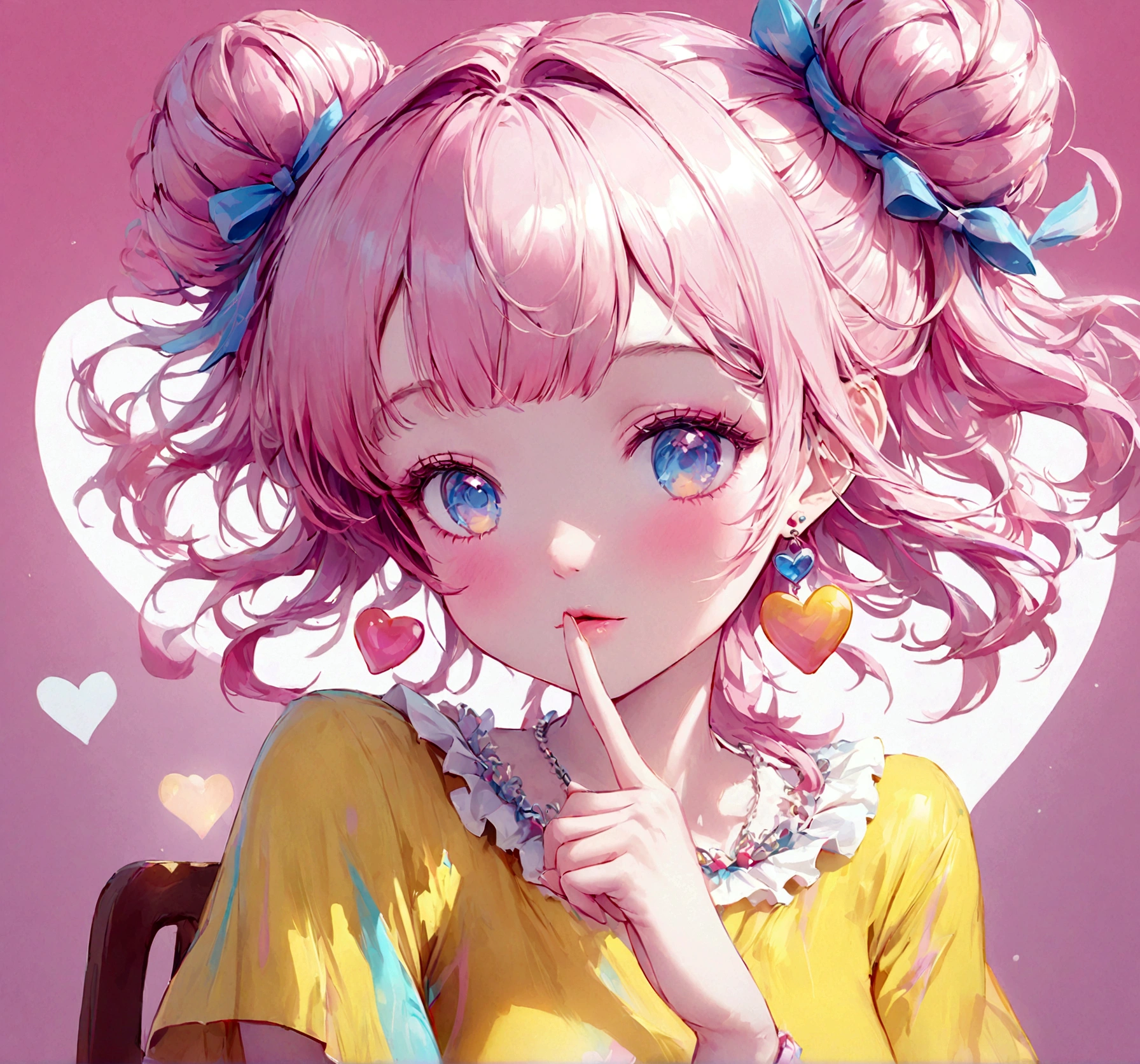 A woman with pink hair is sitting on a chair, obra de arte al estilo de Gweitz, Guweiz en Artstation Pixiv, Gweitz, Digital Art, I felt better.. Soft lighting, beautiful fantasy I felt better., beautiful I felt better. girl, I felt better. art wallpaper 8 k, Adorable melancholic fairy background vivid pink, pastel, One girl, Pink Hair, Bun Hair, ribbon, Yellow T-shirt, Put your hands on your face, Pale depiction, pastel, Delicate art drawn with colored pencils、pastelピンクが主体のブルーの影の髪をツインテールにまとめ、ribbonで飾った若い女の子の詳細なアニメスタイルイラスト。She has big, expressive blue eyes、With a thoughtful look、(((Putting a finger to your lips)))。(((The background is solid pink with a heart shape.)))。She's bright(((Yellow Shirt)))I am wearing、She wears cute accessories such as earrings.。The overall art style is vibrant and colorful、Emphasis on a dreamy and cute aesthetic。