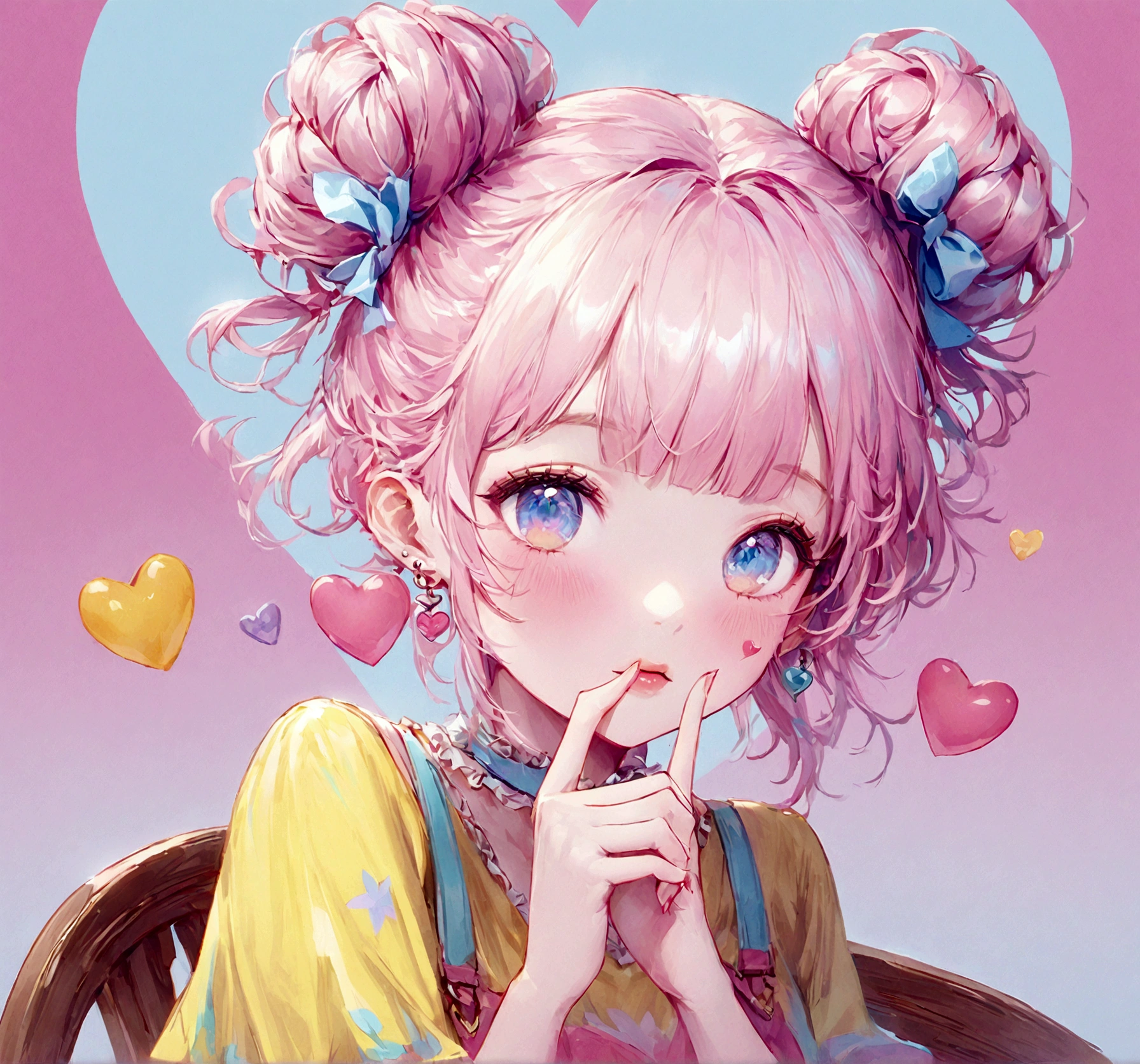 A woman with pink hair is sitting on a chair, obra de arte al estilo de Gweitz, Guweiz en Artstation Pixiv, Gweitz, Digital Art, I felt better.. Soft lighting, beautiful fantasy I felt better., beautiful I felt better. girl, I felt better. art wallpaper 8 k, Adorable melancholic fairy background vivid pink, pastel, One girl, Pink Hair, Bun Hair, ribbon, Yellow T-shirt, Put your hands on your face, Pale depiction, pastel, Delicate art drawn with colored pencils、pastelピンクが主体のブルーの影の髪をツインテールにまとめ、ribbonで飾った若い女の子の詳細なアニメスタイルイラスト。She has big, expressive blue eyes、With a thoughtful look、(((Putting a finger to your lips)))。(((The background is solid pink with a heart shape.)))。She's bright(((Yellow Shirt)))I am wearing、She wears cute accessories such as earrings.。The overall art style is vibrant and colorful、Emphasis on a dreamy and cute aesthetic。