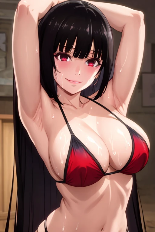 Perfect, masterpiece, (best quality, highres:1.2), 1girl, beautiful detailed eyes, beautiful detailed lips, beautiful detailed face, long eyelashes, vivid colors, HDR, studio lighting, ultra-fine painting, sharp focus, physically-based rendering, extreme detail description, portraits, ((organized fingers)), curvy body, large breasts, perfect shape, facing viewer, sweaty, gorgeous, ((arms up)), sleeveless, straddling, smile, black hair, red eyes, armpits visible, sweaty armpits, red bikini