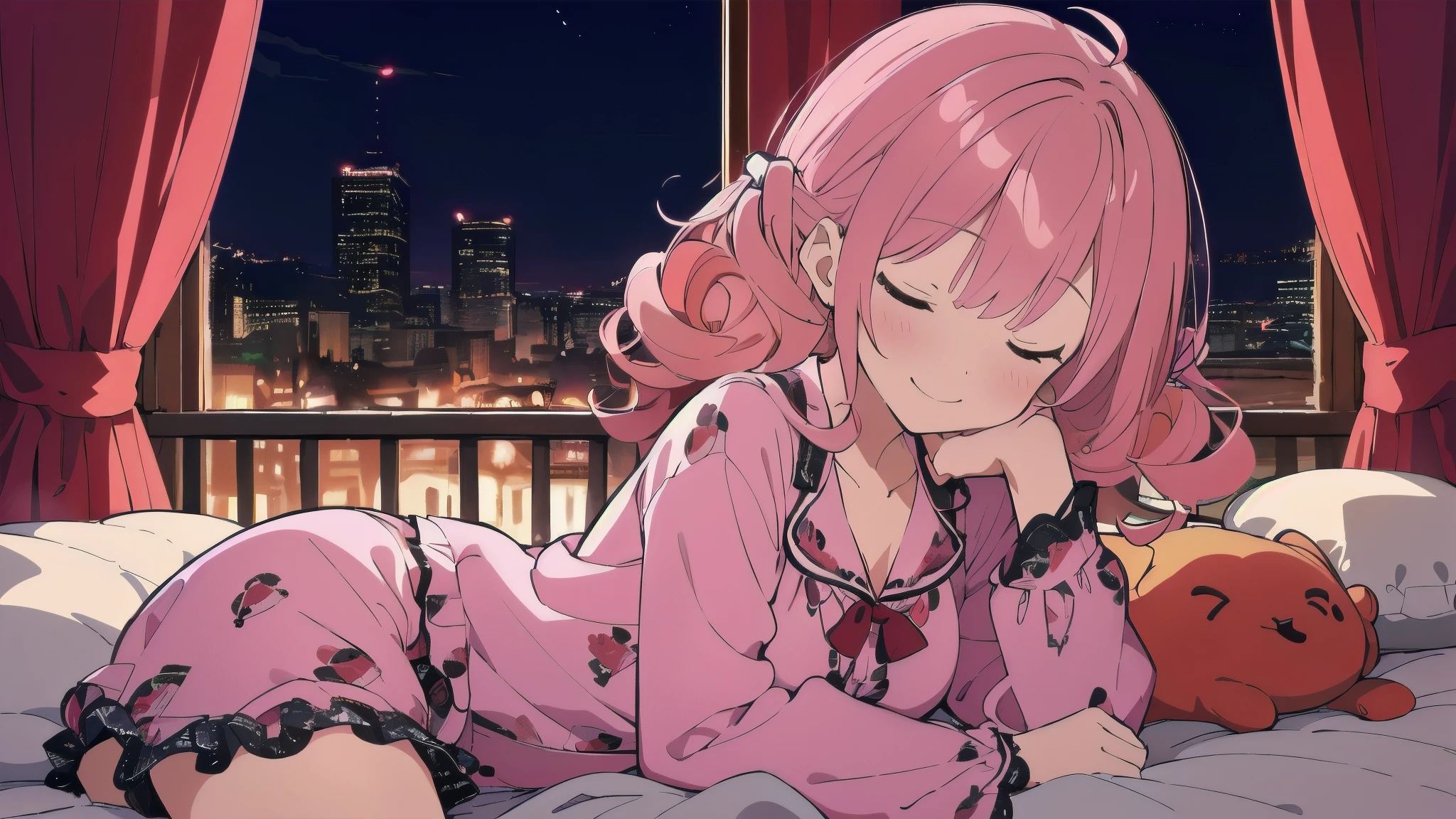 Very detailed, Detailed Background,　(highest quality, masterpiece, High resolution), One girl,　Demure,　(Curly Hair:1.4), Twin tails, smile,　 Mid-chest, Pink Hair,  Upper Body, pajamas,　long hair、　(night:1.4),　Dimly lit room, 　Co-sleeping style