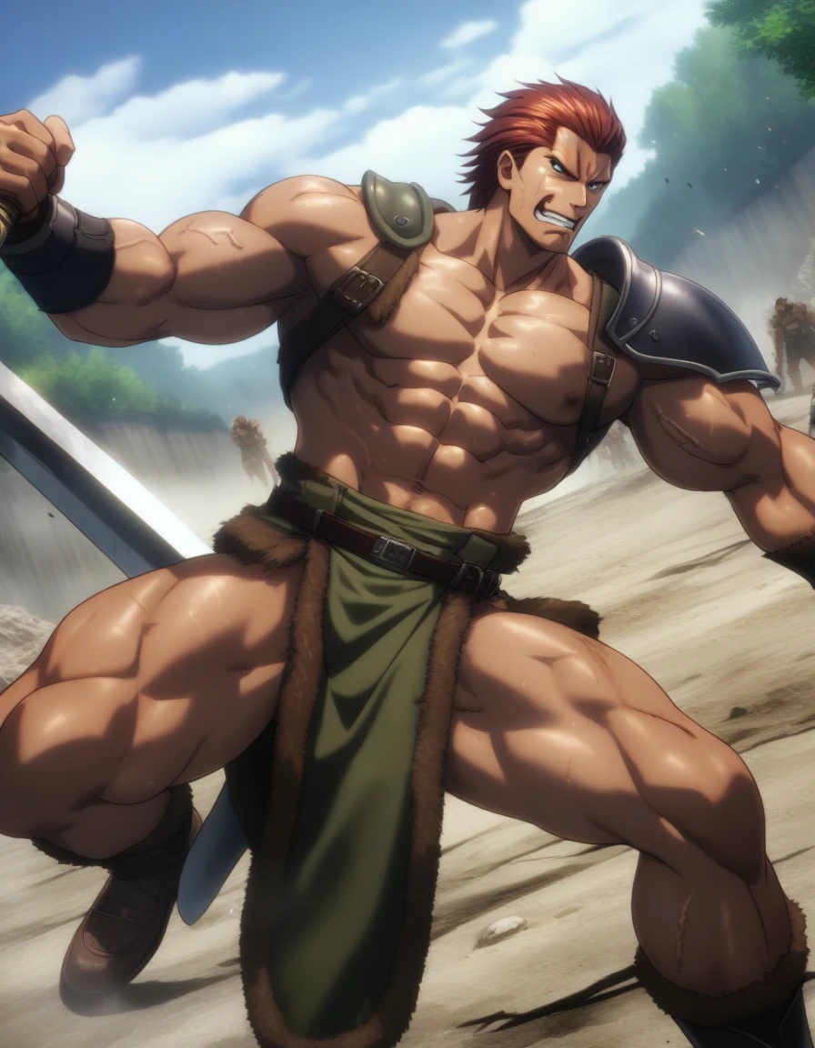 1man, young mercenary, slicked backback hair, forehead, blue eyes, brown-red hair, muscular, 30yo, ideal ratio body proportions, masculine, smart pentagou face, short hair, ugly face, BREAK solo, holding sword, blue cropped armor, abs, long sword, naked waist, knight like barbarian, upper legs, dynamic slash, action scene, dutch angle, cinematic keyvisual, jrpg battle, wideshot, in capcom style, 1990s, extremely all detailed, VHS quality, masterpiece, best quality