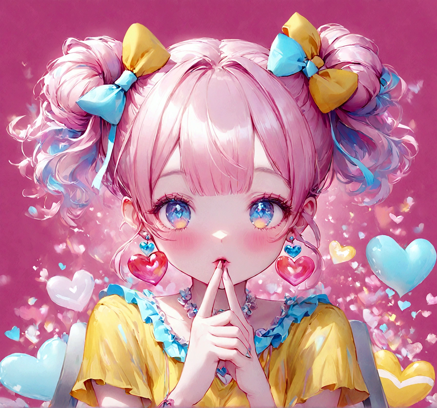 A woman with pink hair is sitting on a chair, obra de arte al estilo de Gweitz, Guweiz en Artstation Pixiv, Gweitz, Digital Art, I felt better.. Soft lighting, beautiful fantasy I felt better., beautiful I felt better. girl, I felt better. art wallpaper 8 k, Adorable melancholic fairy background vivid pink, pastel, One girl, Pink Hair, Bun Hair, ribbon, Yellow T-shirt, Put your hands on your face, Pale depiction, pastel, Delicate art drawn with colored pencils、pastelピンクが主体のブルーの影の髪をツインテールにまとめ、ribbonで飾った若い女の子の詳細なアニメスタイルイラスト。She has big, expressive blue eyes、With a thoughtful look、(((Putting a finger to your lips)))。(((The background is solid pink with a heart shape.)))。She's bright(((Yellow Shirt)))I am wearing、She wears cute accessories such as earrings.。The overall art style is vibrant and colorful、Emphasis on a dreamy and cute aesthetic。
