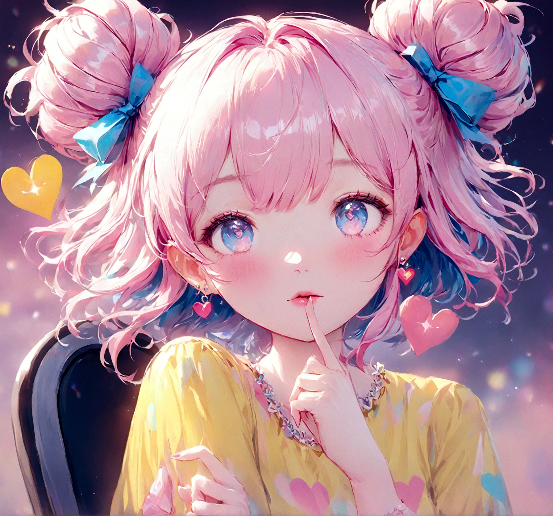 A woman with pink hair is sitting on a chair, obra de arte al estilo de Gweitz, Guweiz en Artstation Pixiv, Gweitz, Digital Art, I felt better.. Soft lighting, beautiful fantasy I felt better., beautiful I felt better. girl, I felt better. art wallpaper 8 k, Adorable melancholic fairy background vivid pink, pastel, One girl, Pink Hair, Bun Hair, ribbon, Yellow T-shirt, Put your hands on your face, Pale depiction, pastel, Delicate art drawn with colored pencils、pastelピンクが主体のブルーの影の髪をツインテールにまとめ、ribbonで飾った若い女の子の詳細なアニメスタイルイラスト。She has big, expressive blue eyes、With a thoughtful look、(((Putting a finger to your lips)))。(((The background is solid pink with a heart shape.)))。She's bright(((Yellow Shirt)))I am wearing、She wears cute accessories such as earrings.。The overall art style is vibrant and colorful、Emphasis on a dreamy and cute aesthetic。