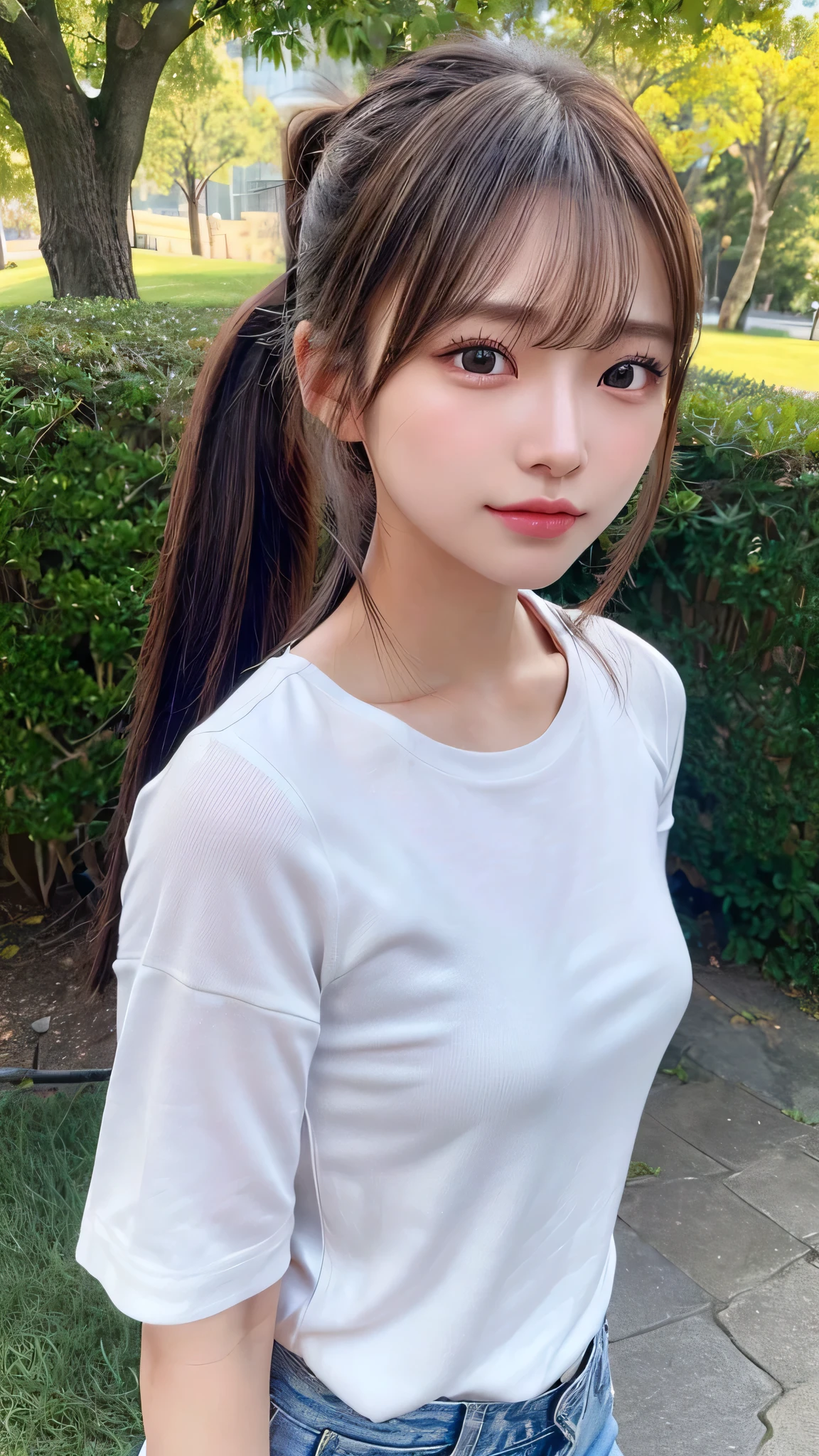 White T-shirt and jeans,outdoors,Urban Park,On the lawn,Black bra visible,Outdoor,Close-up of face,Outdoor,Blushing,Facing forward,,Long hair ponytail,((8K, Raw photo, Best Quality, Mastepiece:1.2), (Realism, Photorealistic:1.4), (Highly detailed 8k wallpaper), Depth of written boundary, Cinematic Lighting, Soft Light, Detailed Beauty Eye,Shiny and smooth light brown ponytail, Asymmetrical bangs, Shiny skin, Ultra-detailed skins ,It is high resolution., High detail, Detailed hairstyle, Detailed facial beauty, Hyper-realistic, Perfect limbs, Perfect Anatomy ,1 Japanese girl,Famous Japanese Idols, Perfect female body,A shy smile,Short eyelashes,Double-edged eyelids,Look straight here,Hair style: ponytail,