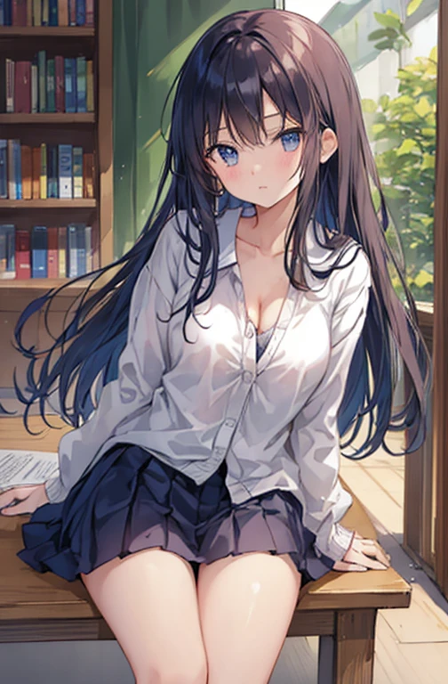 Soft thighs、eveningの中学校の教室、evening、Soft sunlight、this girl is too cute、Also, The ??? in the library the other day、when she leans forward、You can see her cleavage through the gaps in her clothes.Disheveled clothing