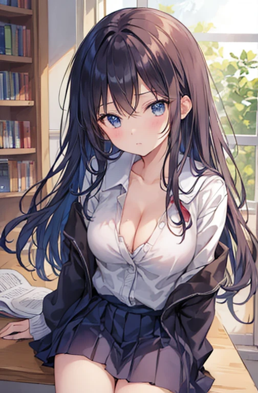 Soft thighs、eveningの中学校の教室、evening、Soft sunlight、this girl is too cute、Also, The in the library the other day、when she leans forward、You can see her cleavage through the gaps in her clothes.Disheveled clothing