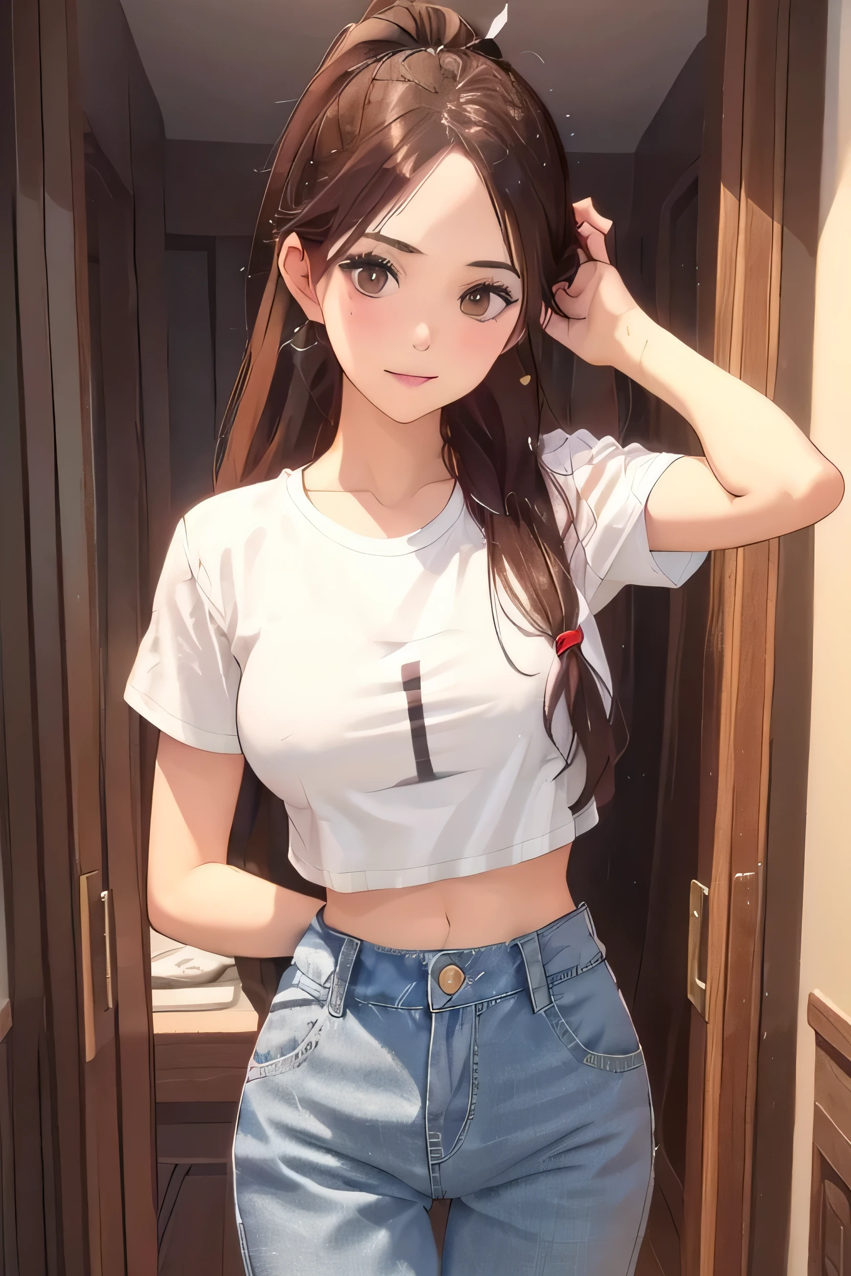 One girl, Long light brown hair, Brown eyes, White T-shirt, Denim pants , Large Breasts , Absurd, High resolution, Super sharp, 8k, masterpiece, View Viewer, whole body , ponytail