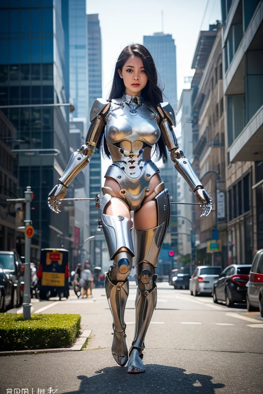 ((highest quality)), ((masterpiece)), (detailed), Iron skeleton head、Translucent skin、Sheer breasts and nipples、Translucent female body、barefoot、Beautiful feet、Attractive thighs、cyborg、Machine Woman、Artificial human world、Both arms of the machine、Hold your sword、Riding a robot horse、Mecha World、Silver parts、Black Hair、Semi-long hair、City in Ruins