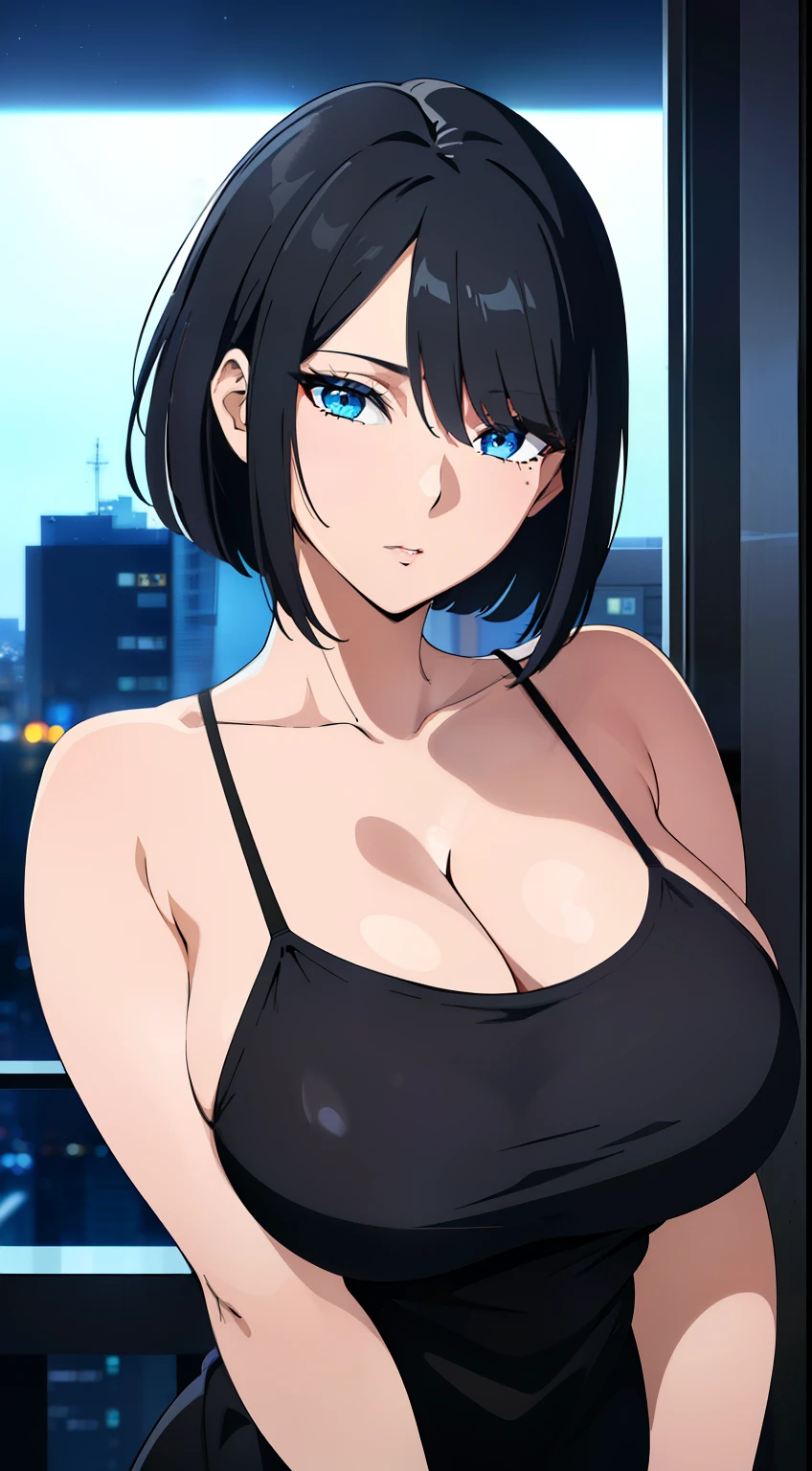 (best quality:1.5, highres, UHD, 4K, detailed eyes, detailed lighting, detailed hair, shaders), black hair, wolf cut hair style cut, hair covering one eye, cool woman, cool girl, sharp eyes, blue eyes, beautiful, large breasts, casual clothes, (pov, close shot), indoors at night background