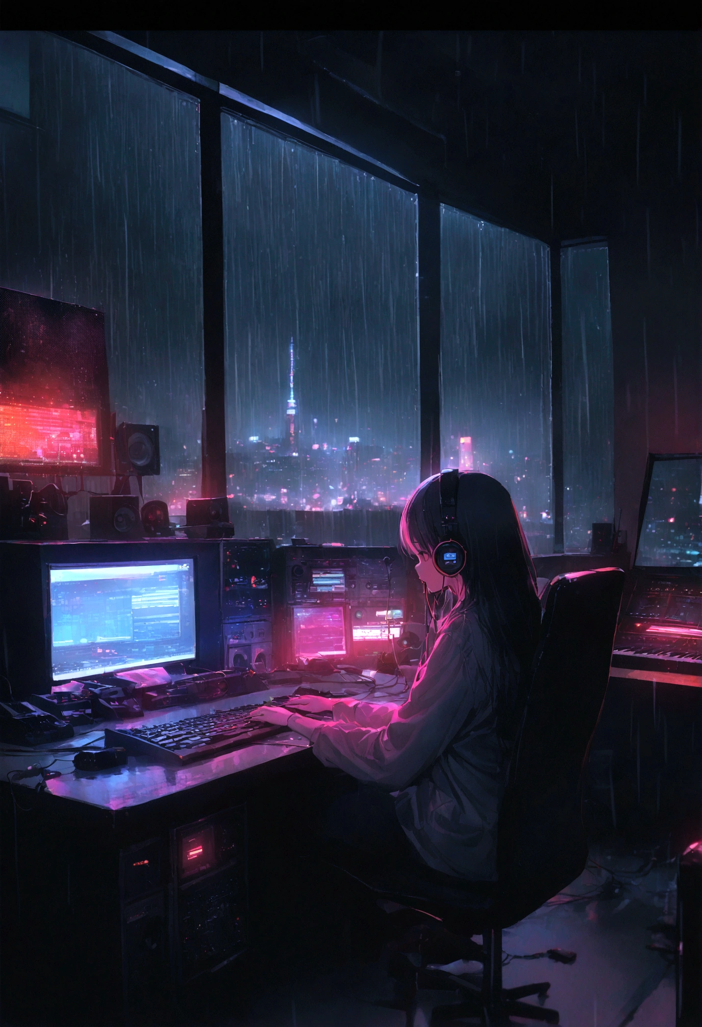 Music Studio,darkroom, night, , keyboard, earphone, Monitor the speaker, Small lights, sit, unmanned, No animals, background, sofa,, rain, night sky, night City, absurd, high resolution, Super sharp, 8K, masterpiece