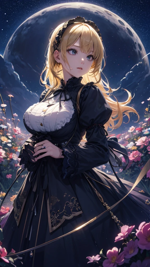 masterpiece, high quality, 4K, Beautiful design, silhouette，blonde， 非常に詳細な夜のStarry Sky,Flower Field， wonderful, Finer details,  Very knowledgeable woman, Highly detailed solo, 1 female,Big Breasts，Gothic Lolita Fashion，２He&#39;s crossing his pistols in front of his chest.，Night view，Starry Sky，full moon，