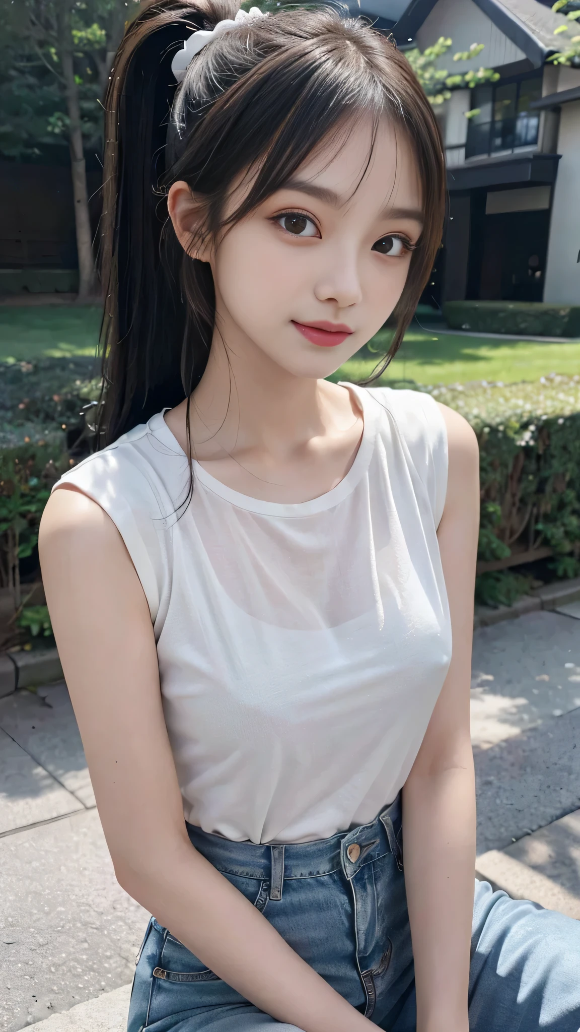 Black underwear shows through the white T-shirts,jeans,outdoors,Urban Park,On the lawn,Close up face,One woman,masutepiece, The highest image quality, High quality, the background is clear,Beautiful woman, Japanese, Detailed, Detailed eyes, Detailed skin, Beautiful skin, 超hight resolution, (reality: 1.4),Very beautiful woman, Slightly younger face, Beautiful skin, slender, (Ultra photo realsisim), (hight resolution), (8K), (Very detailed) (beautifully detailed eyes), (super detailed), (Detailed face), view the viewer, Fine details, Detailed face, Staring straight ahead, Staring straight ahead, photos realistic, Bright lighting, Professional Lighting, Black hair,poneyTail,a baby face,fourteen years old,Hairstyle: ponytail,Long ponytail hairstyle,slight smile,neat and tidy clothing,Beautiful Japanese KPOP idol photo, hair style is ponytail, my eyes are double and wide, baby face, smile and look straight ahead, slender, small breasts,Close up face,