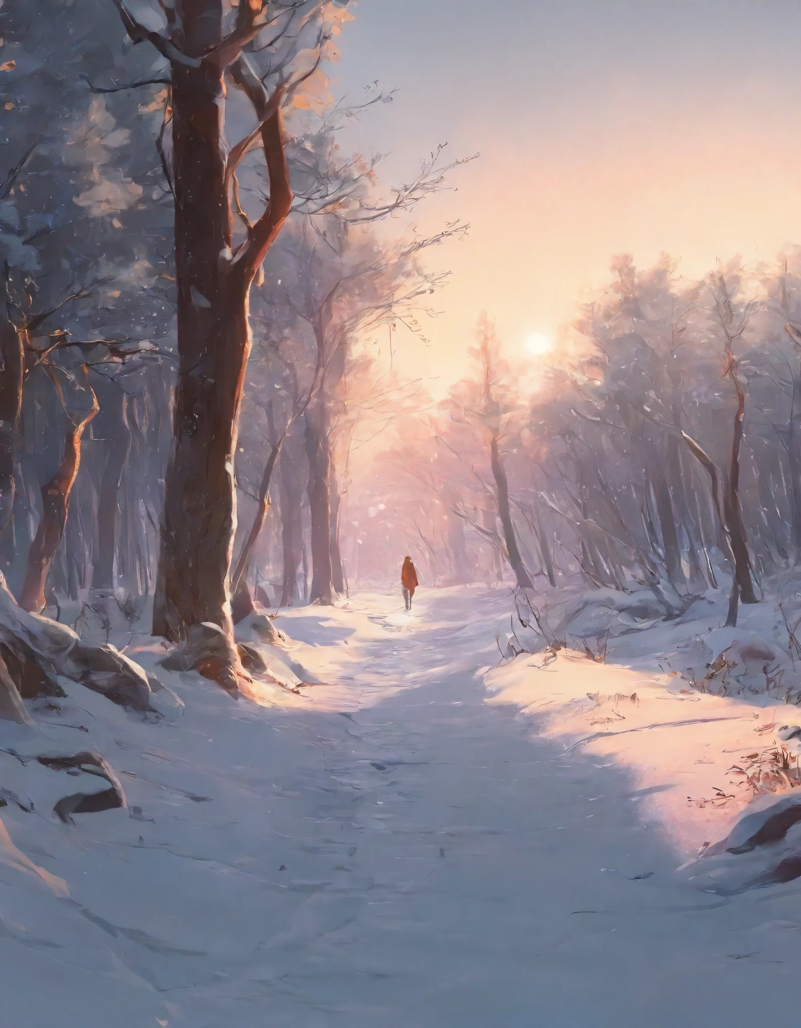 a close up of a person walking on a snowy path in the woods, concept art by sylvain sarrailh, Artstation, conceptual art, snowy. by makoto shinkai, ross tran. scenic background, beautiful anime scene, winter concept art, beautiful anime scenery, beautiful concept art, anime nature, anime nature wallpap, snow forest, environment art