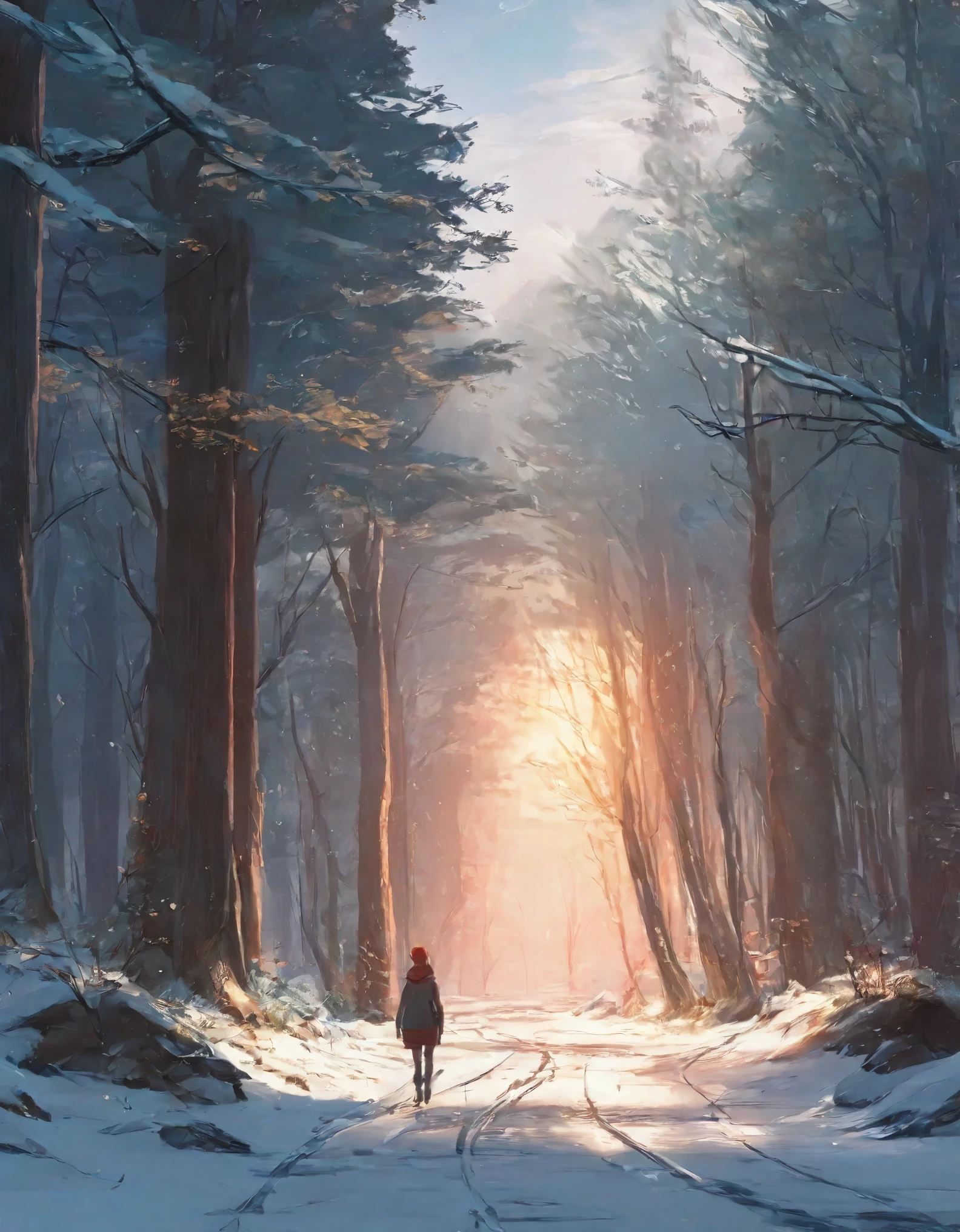 a close up of a person walking on a snowy path in the woods, concept art by sylvain sarrailh, Artstation, conceptual art, snowy. by makoto shinkai, ross tran. scenic background, beautiful anime scene, winter concept art, beautiful anime scenery, beautiful concept art, anime nature, anime nature wallpap, snow forest, environment art