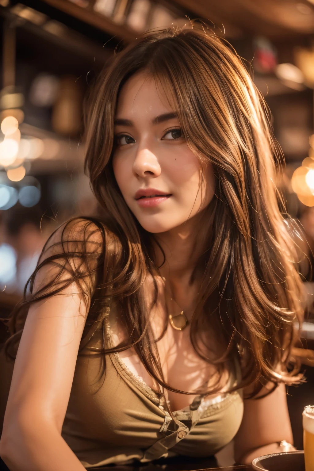 Tabletop, highest quality, Realistic, Very detailed, Fine details, High resolution, 8k wallpaper, 1. Beautiful woman, Wear a casual shirt, In a great pub, (View your viewers), At night, Light brown messy hair, Perfect dynamic composition, Beautiful details
