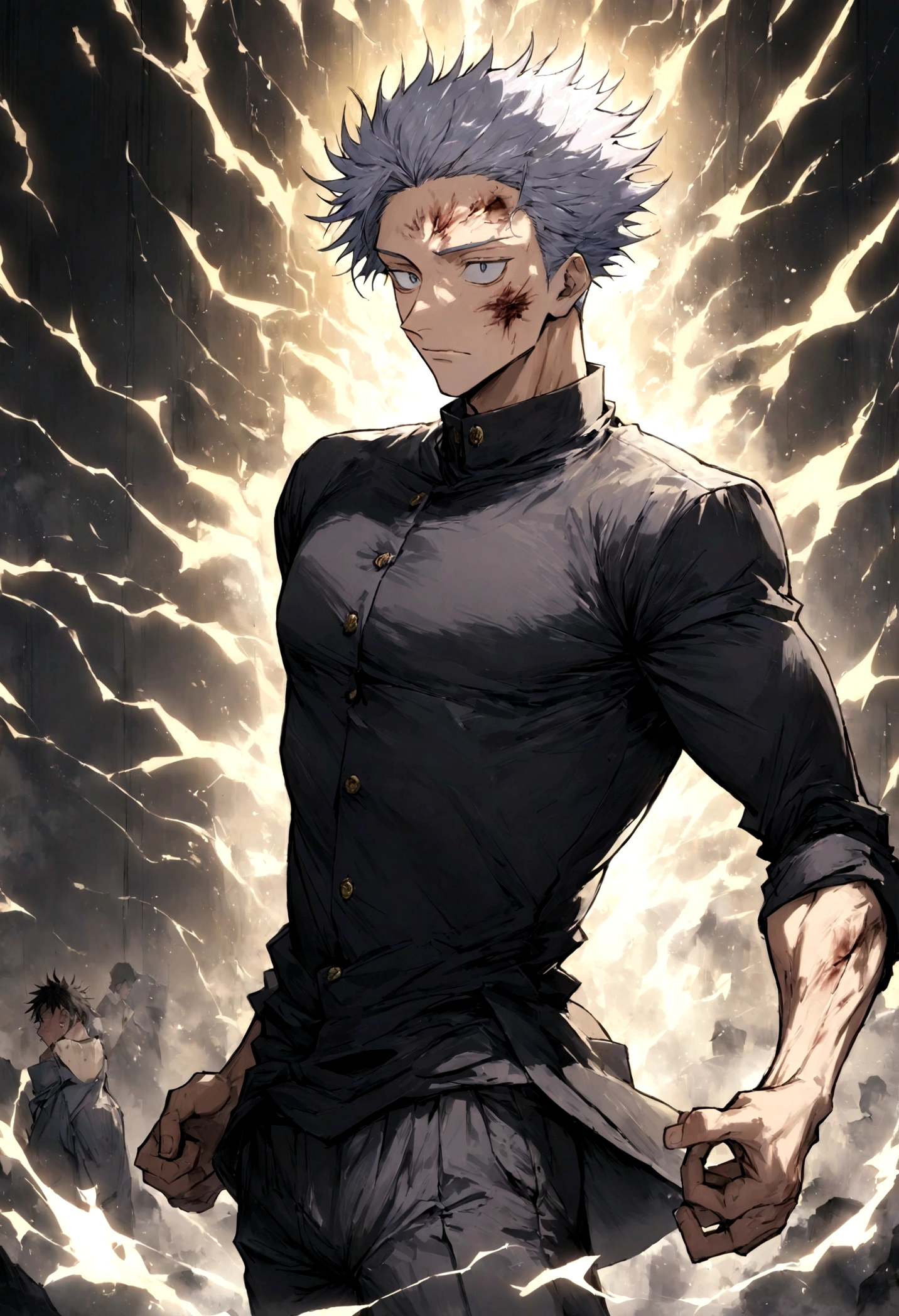 1 boy, Men's Center, Satoru gojou,Jujutsu Kaisen、Injury, electricity,, masterpiece, highest quality, so beautiful,stitch on forehead,kennjaku